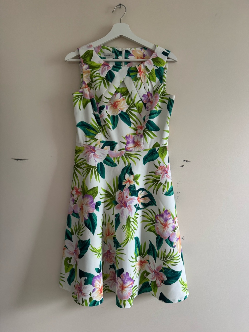 dressbarn White Floral A-Line Dress with Green Leaves and Pink Blossoms